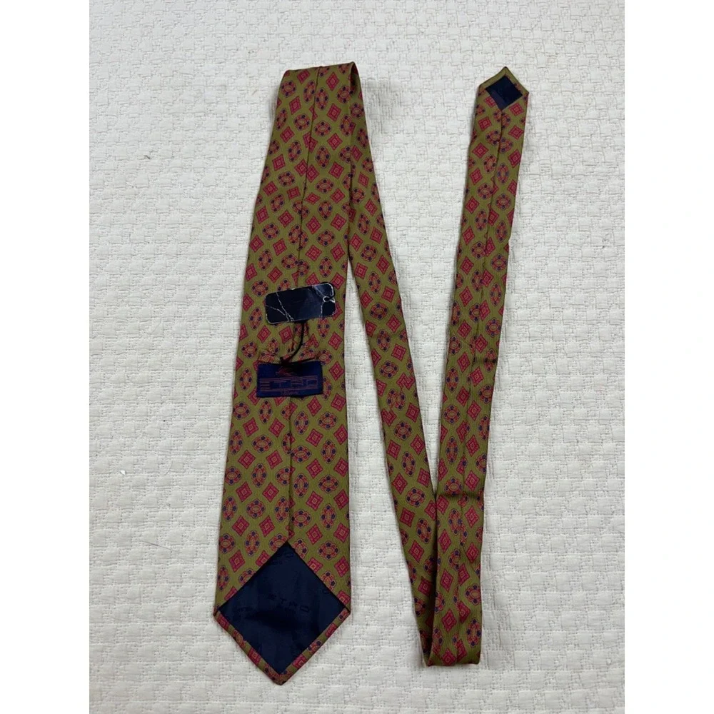Etro Jacquard Silk Tie NWT Retro 1970s | Green‎ Red Blue | 54
